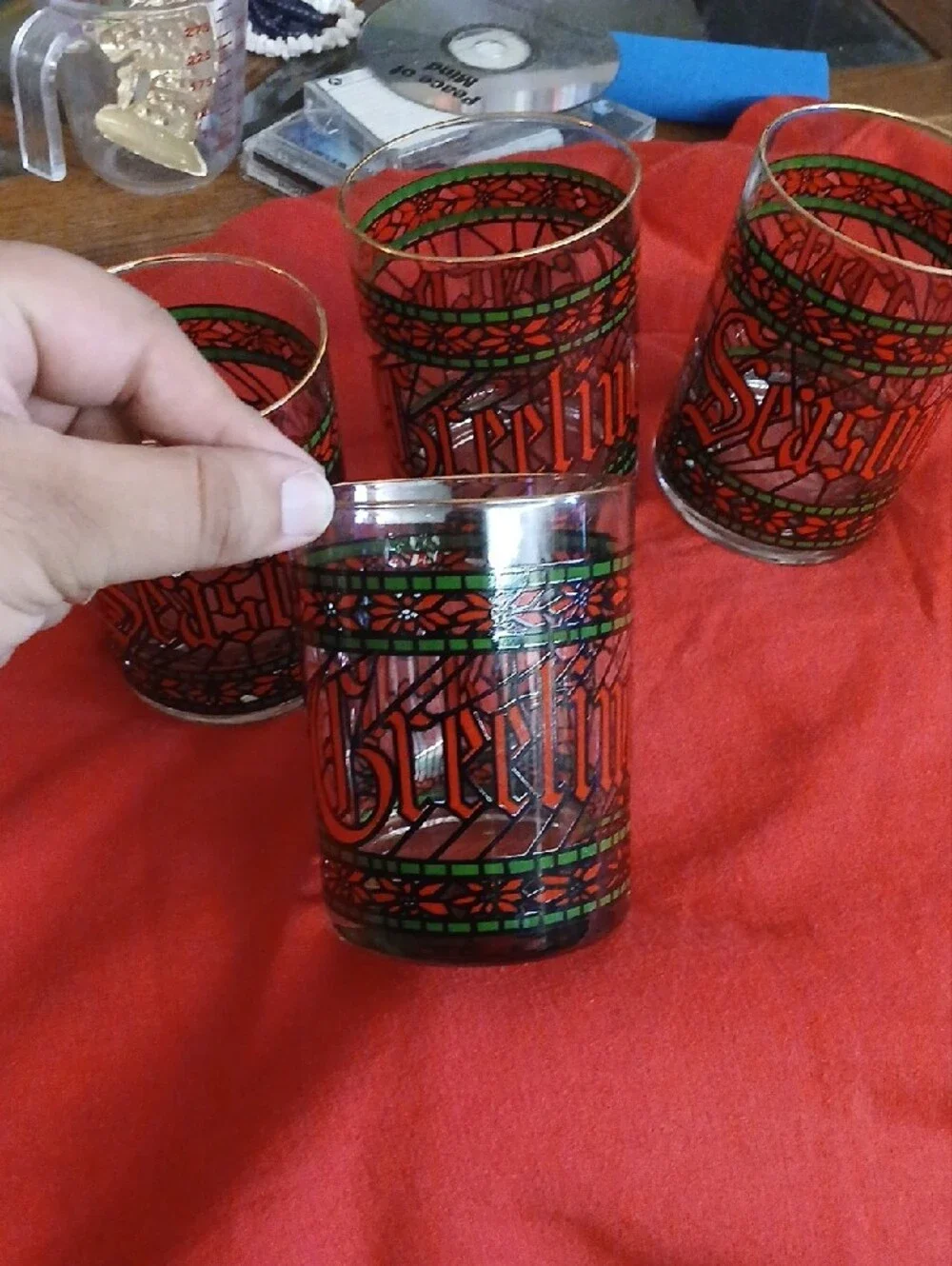 Set of 4 Festive Red and Green Glass Tumblers